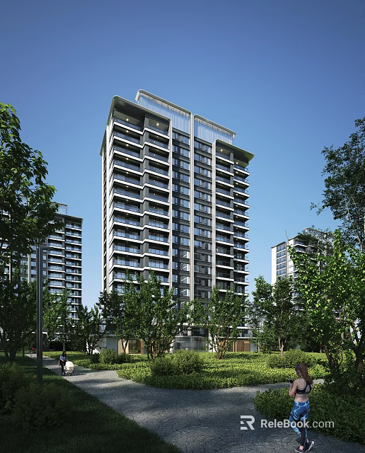 Modern High Rise Residential Building With Balconies Surrounded By Green Trees And Natural Surroundings 3d model 