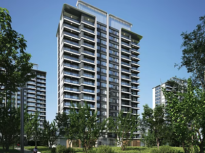 Modern High Rise Residential Building With Balconies Surrounded By Green Trees And Natural Surroundings 3d model