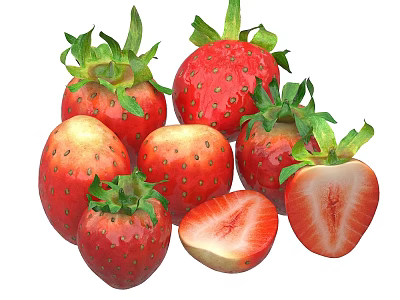 Fresh Ripe Strawberries With Green Leaves And Sliced Juicy Sections 3d model