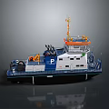 Blue White Workboat With Orange Equipment Letter P On Hull Deck Cabin Mechanical Devices