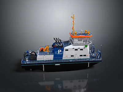 Blue White Workboat With Orange Equipment Letter P On Hull Deck Cabin Mechanical Devices 3d model