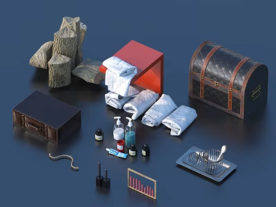 Household Items Collection with Wooden Box Red Box Leather Trunk Folded Towels and Bath Products 3d model