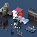 Household Items Collection with Wooden Box Red Box Leather Trunk Folded Towels and Bath Products