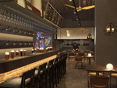 Modern Bar Interior With Hanging Wine Glasses Bar Counter Stools Decorative Signs And Warm Lighting 3d model