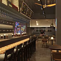 Modern Bar Interior With Hanging Wine Glasses Bar Counter Stools Decorative Signs And Warm Lighting
