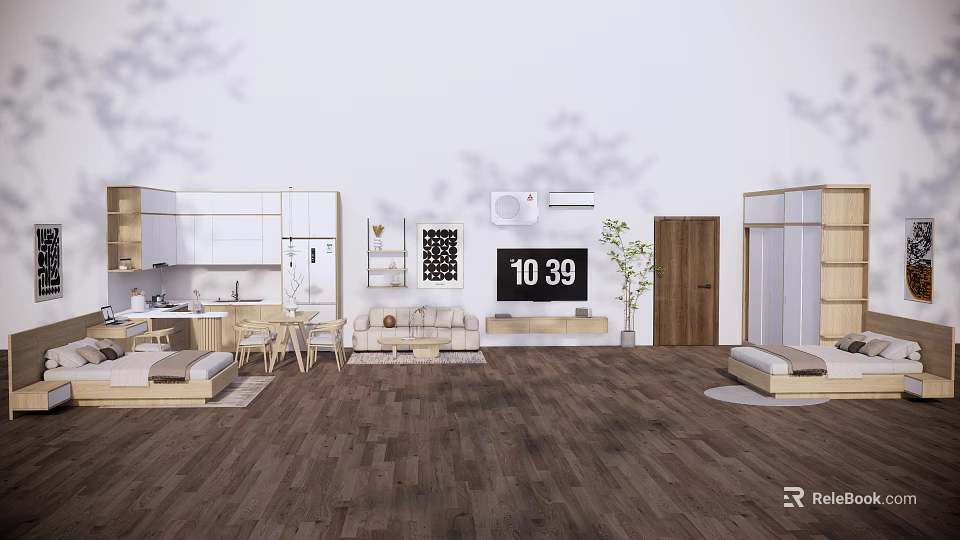 Modern Interior Design With Open Layout Wooden Flooring Kitchen Living Area And Bedroom 3d model 