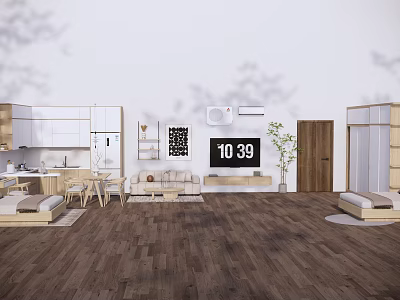 Modern Interior Design With Open Layout Wooden Flooring Kitchen Living Area And Bedroom 3d model