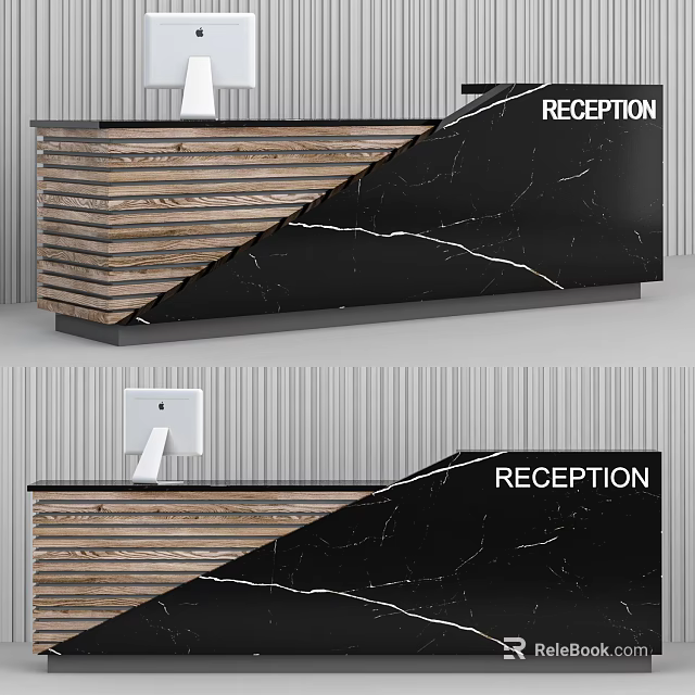 Modern Reception Desk With Wooden Stripes And Black Marble Surface 3d model 