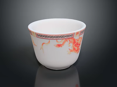 White Ceramic Cup With Red Dragon And Crane Patterns Ornate Geometric Border Around Rim 3d model