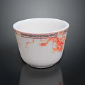 White Ceramic Cup With Red Dragon And Crane Patterns Ornate Geometric Border Around Rim