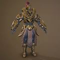 Golden Armor Sci Fi Warrior Character With Red Plume And Metallic Blue Accents