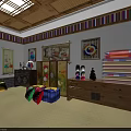 Traditional Room Interior With Wooden Ceiling Colorful Striped Decor Screen Dolls Suitcases And Furniture