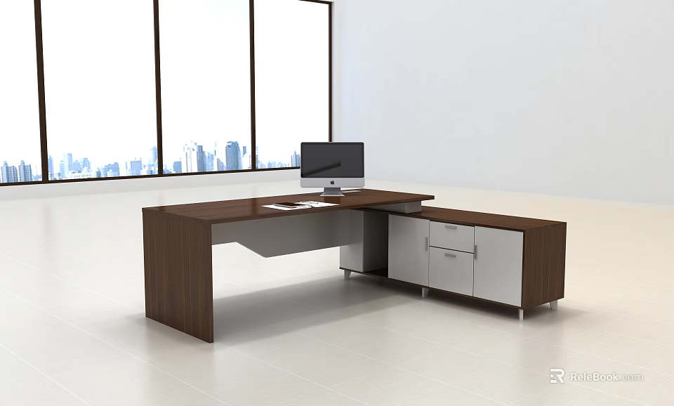 Modern Office Desk With Wooden Surface Computer Monitor And Cabinet Drawers Near Large Windows 3d model 