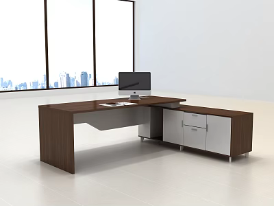 Modern Office Desk With Wooden Surface Computer Monitor And Cabinet Drawers Near Large Windows 3d model
