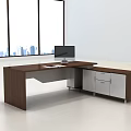 Modern Office Desk With Wooden Surface Computer Monitor And Cabinet Drawers Near Large Windows