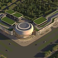 Modern Commercial Street With Unique Curved Roof Glass Facade And Spacious Plaza Area