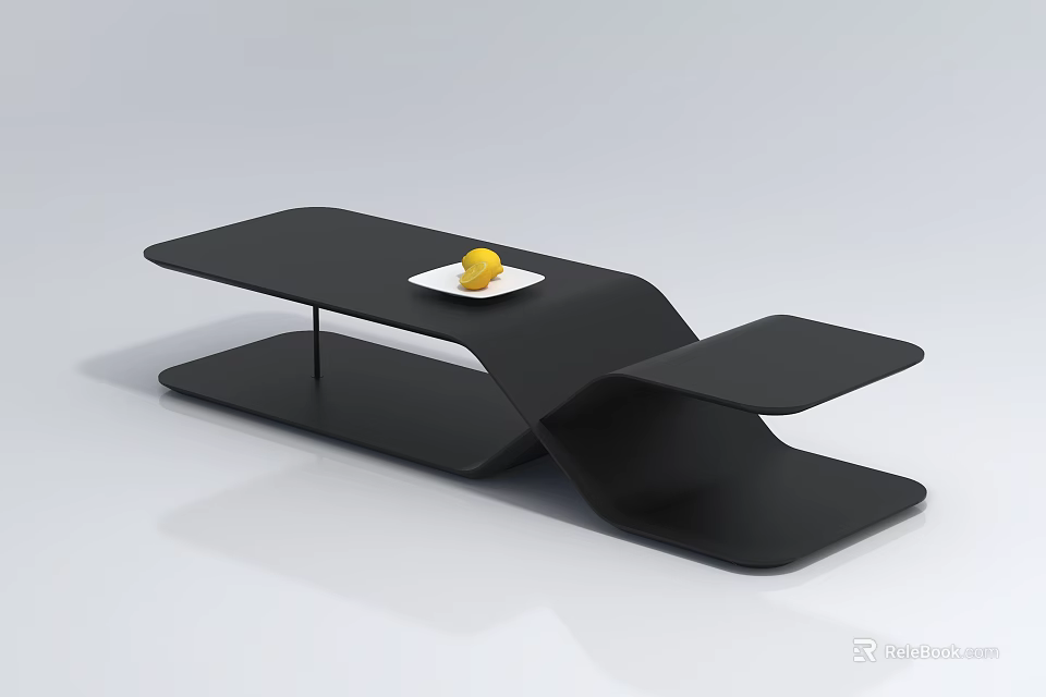 Modern Black Coffee Table With Unique Structure White Plate And Yellow Fruit 3d model 