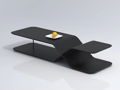 Modern Black Coffee Table With Unique Structure White Plate And Yellow Fruit 3d model