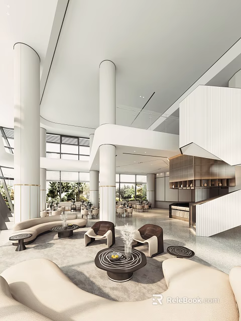 Spacious Modern Lounge Area With Comfortable Sofas Coffee Tables And Large Windows 3d model