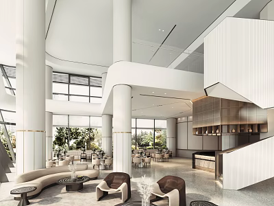 Spacious Modern Lounge Area With Comfortable Sofas Coffee Tables And Large Windows 3d model