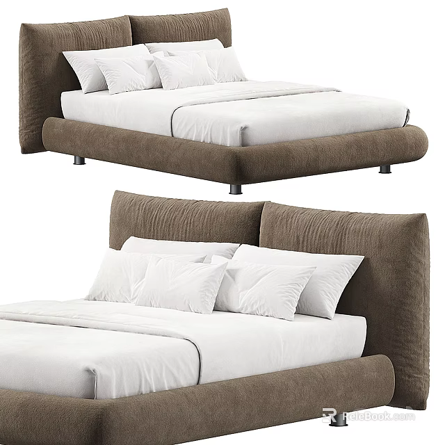 Modern Upholstered Double Bed With Brown Headboard White Sheets And Pillows 3d model