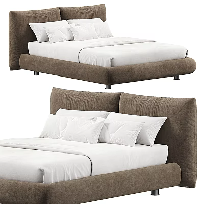 Modern Upholstered Double Bed With Brown Headboard White Sheets And Pillows 3d model