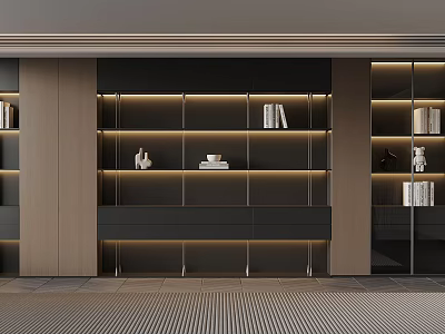 Modern Bookcase Interior Design With Layered Shelves Lighting And Decorative Books 3d model