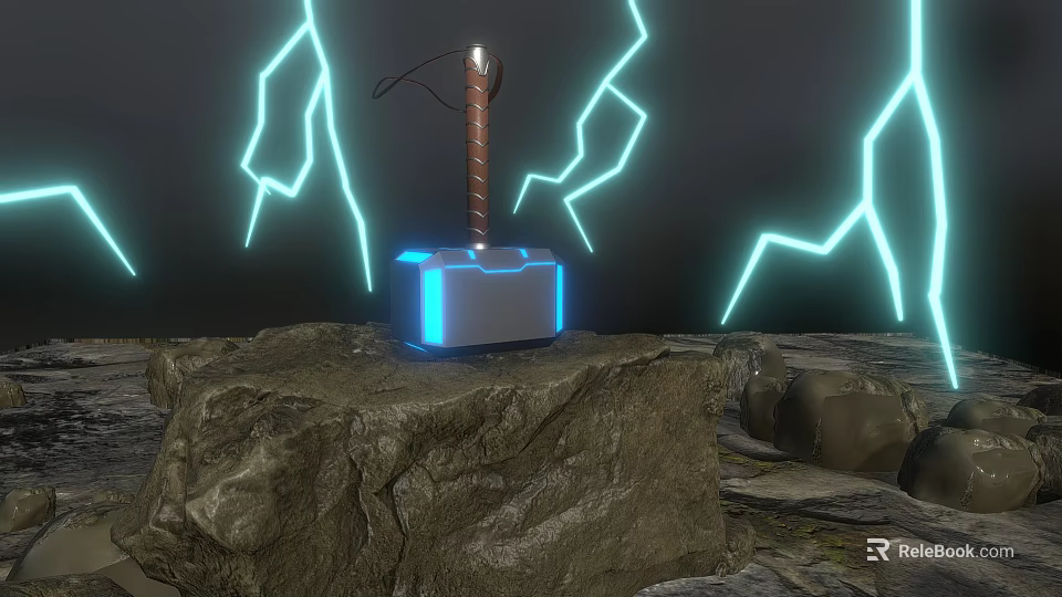 Heavy Duty Hammer With Leather Handle Silver Head Blue Glow On Rock With Lightning Around 3d model 
