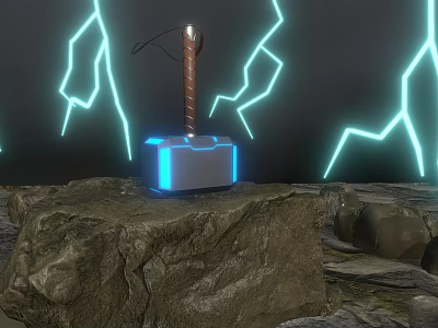 Heavy Duty Hammer With Leather Handle Silver Head Blue Glow On Rock With Lightning Around 3d model