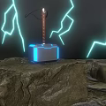 Heavy Duty Hammer With Leather Handle Silver Head Blue Glow On Rock With Lightning Around