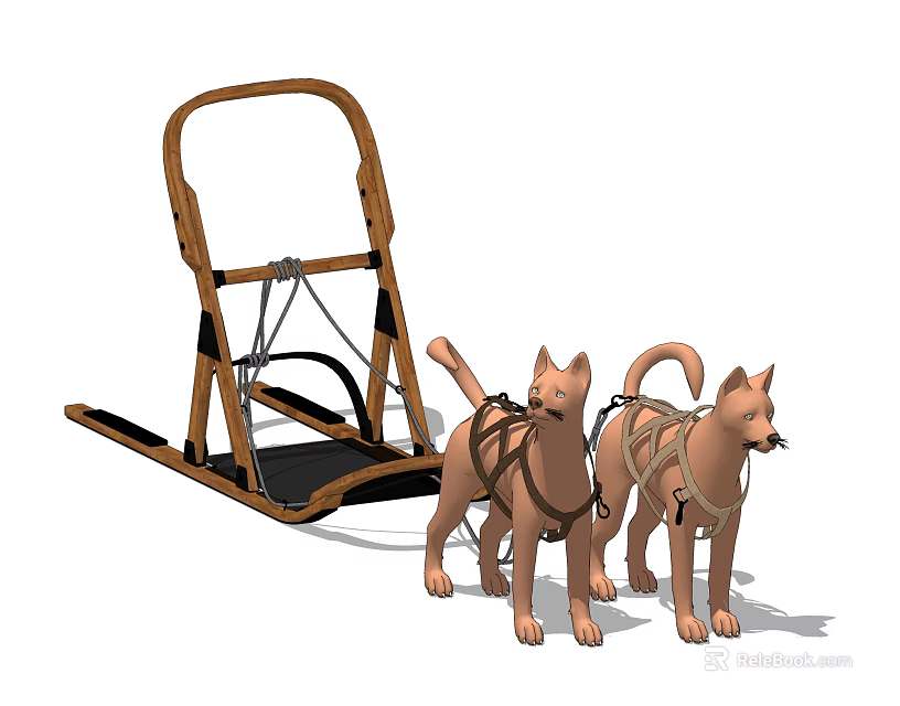 Realistic 3D Model Of Wooden Sleigh With Two Harnessed Dogs Design 3d model 