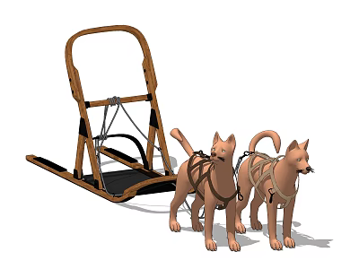 Realistic 3D Model Of Wooden Sleigh With Two Harnessed Dogs Design 3d model