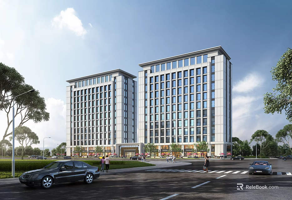 Two Tall Modern Residential Buildings With Large Windows Green Areas Road And Cars 3d model 