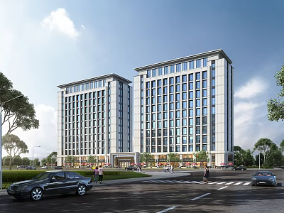 Two Tall Modern Residential Buildings With Large Windows Green Areas Road And Cars 3d model