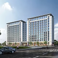 Two Tall Modern Residential Buildings With Large Windows Green Areas Road And Cars
