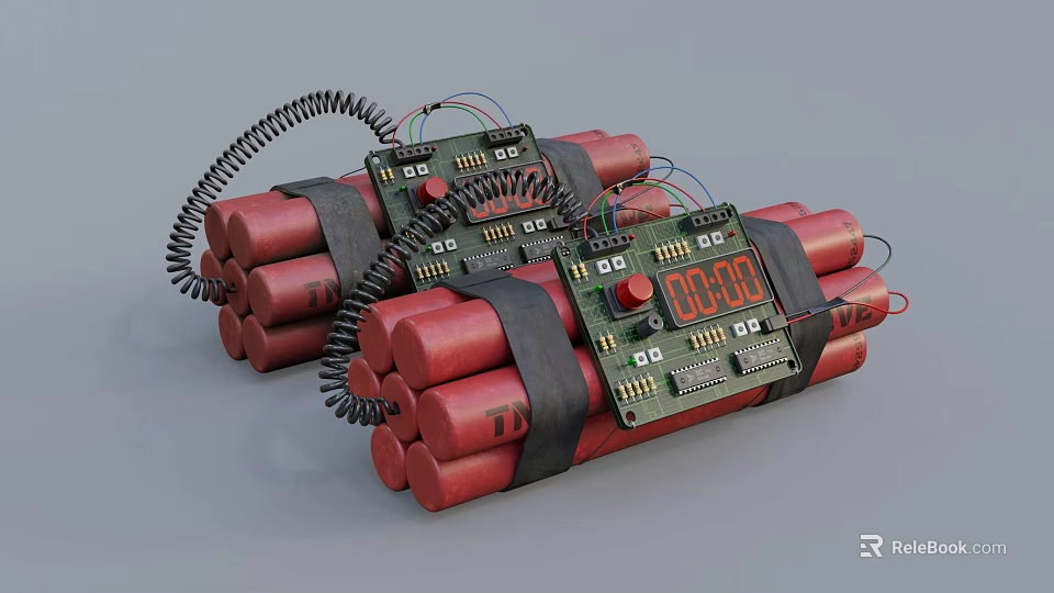 Red Dynamite Bundles Tied Together With Electronic Timer Circuit Boards And Digital 3d model 