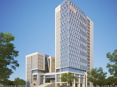 Modern High Rise Office Building With Glass Curtain Walls And Surrounding Trees 3d model