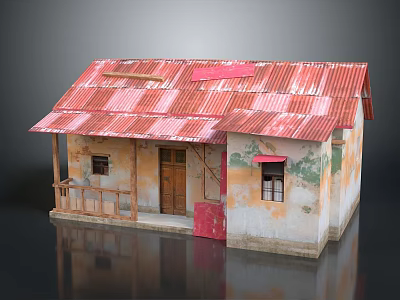 Small Rural House With Red Corrugated Iron Roof Weathered Walls And Wooden Door 3d model