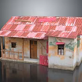Small Rural House With Red Corrugated Iron Roof Weathered Walls And Wooden Door