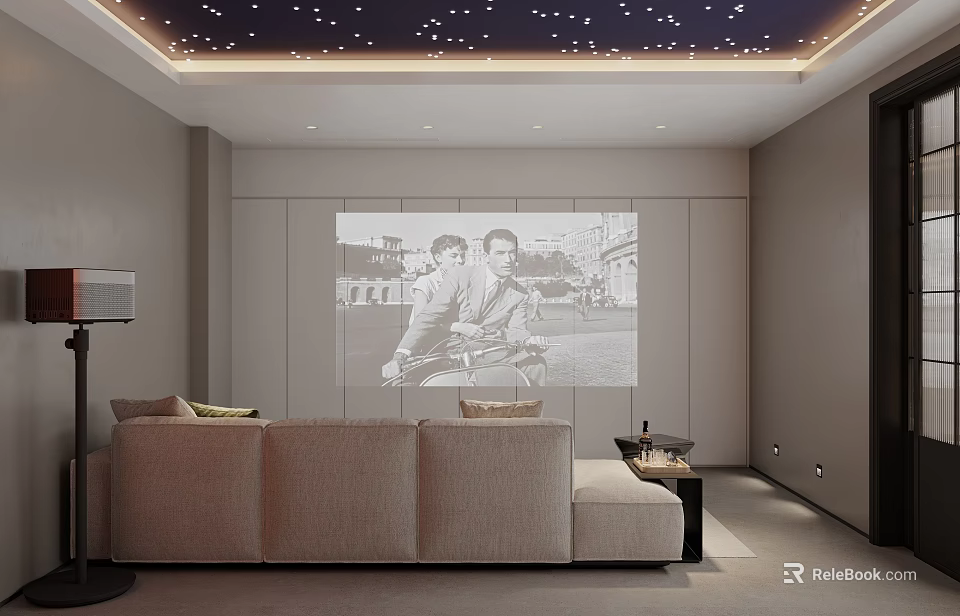Modern Home Theater With Starry Ceiling Projector Screen And Sofa 3d model
