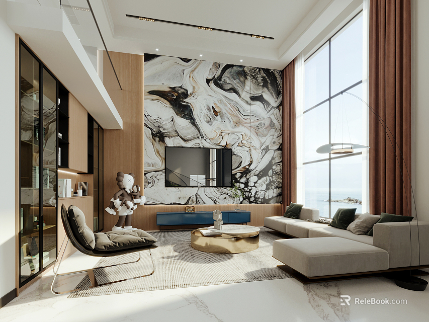 Modern Duplex Living Room Interior Design With Floor-to-Ceiling Windows Marble Wall And Sofa 3d model 
