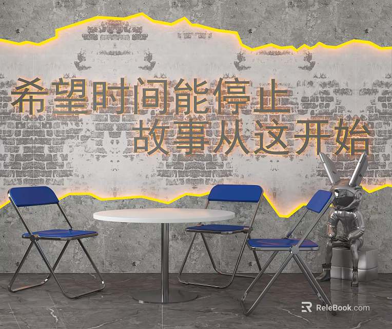 Brick Wall Background With Chinese Text White Round Table Blue Folding Chairs And Rabbit Statue 3d model 