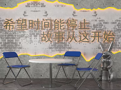 Brick Wall Background With Chinese Text White Round Table Blue Folding Chairs And Rabbit Statue 3d model