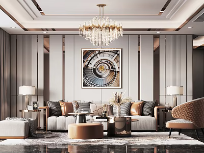 Modern Living Room Sofa And Coffee Table Set With Pillows Chandelier Artwork And Rug 3d model