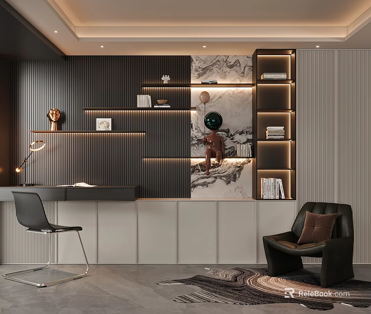 Elegant Modern Study Room Interior Design With Built-in Bookshelves Leather Chair And Artwork 3d model 