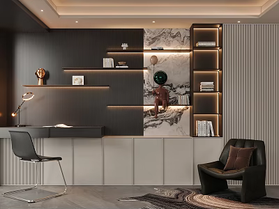 Elegant Modern Study Room Interior Design With Built-in Bookshelves Leather Chair And Artwork 3d model