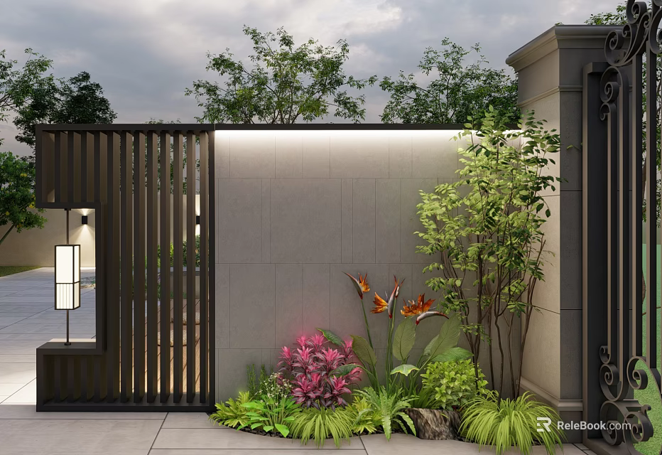 Modern Garden Feature Wall With Textured Stone Black Slatted Panels And Lush Plants 3d model 