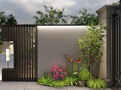 Modern Garden Feature Wall With Textured Stone Black Slatted Panels And Lush Plants 3d model
