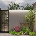 Modern Garden Feature Wall With Textured Stone Black Slatted Panels And Lush Plants