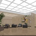 Modern Office Lobby Interior Featuring Beige Walls White Square Ceiling Gray Sofas Green Plants Bookshelf